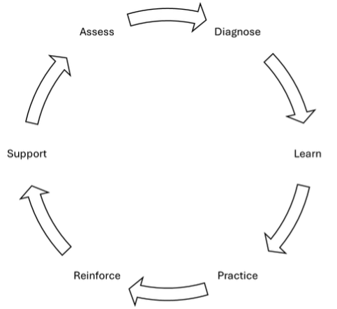 A circular graphics featuring curved arrows pointing in a clockwise motion with the words Assess, Diagnose, Learn, Practice, Reinforce, and Support