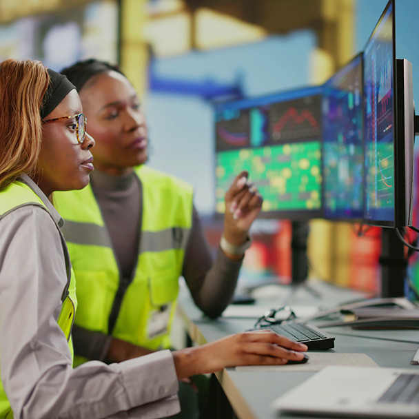 Two women wearing safety vests working in a control room starting at a computer screen