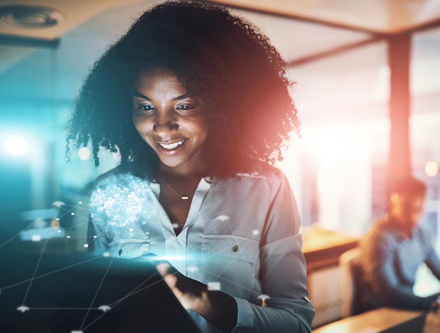 a woman using an electronic tablet, there is a holographic overlay depicting the globe and lines connected various points